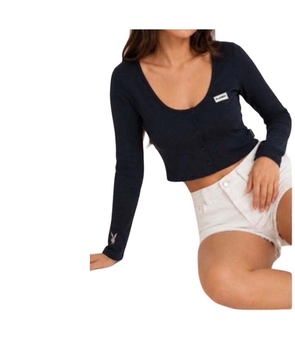 Playboy x Missguided Top Size 10 Blue Long Sleeve Ribbed Crop Top Y2K Sexy Logo